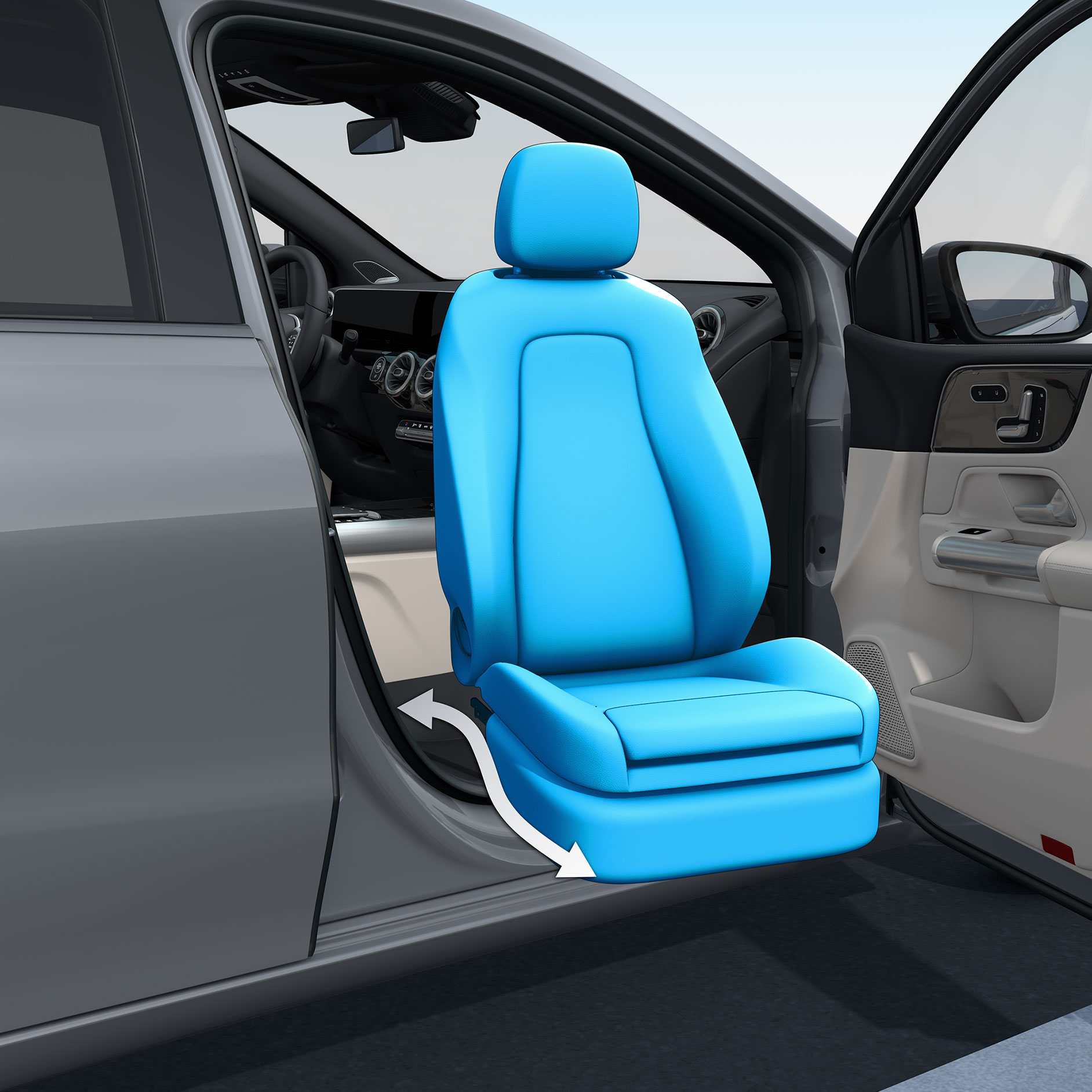 Scaun rabatabil cu deplasare pe verticală Turny-Evo | Sisteme de asistență la rulare | Mercedes-Benz O ușă însoțitor deschisă a unui autovehicul adaptat persoanelor cu dizabilități cu scaun rabatabil cu deplasare pe verticală Turny-Evo.