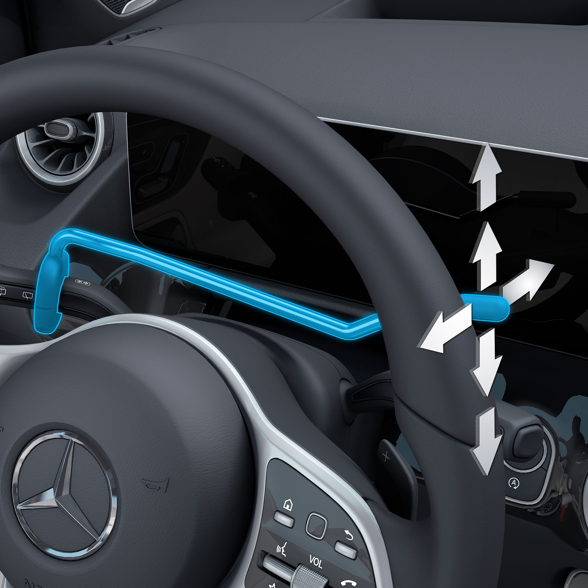 Mutarea comutatorului combinat | Sisteme de asistență la rulare | Mercedes-Benz Mutarea comutatorului combinat spre dreapta într-o vizualizare detaliată în combinație cu un autovehicul adaptat persoanelor cu dizabilități.