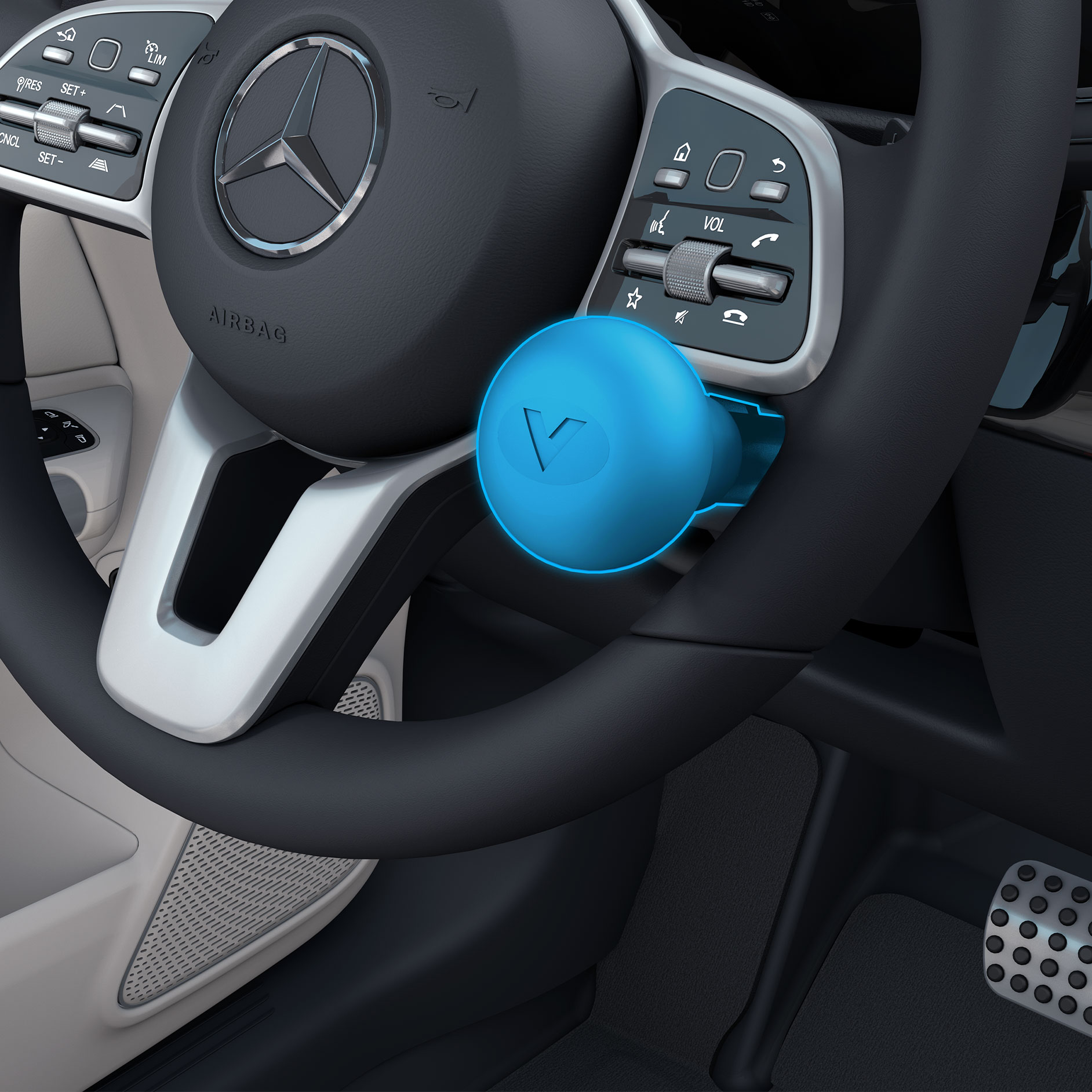 Mânerul volanului tip nucă | Sisteme de asistență la rulare | Mercedes-Benz O imagine detaliată a mânerului volanului tip nucă dreapta în combinație cu un autovehicul adaptat persoanelor cu dizabilități.