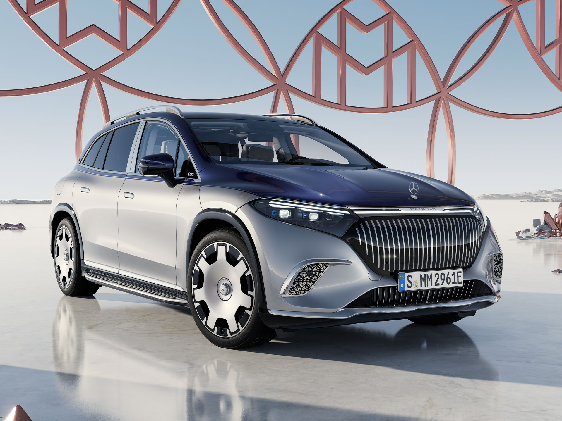 EQS SUV | Marcă emblematică | Mercedes-Maybach Modelul Mercedes-Maybach EQS SUV dintr-o perspectivă frontală.