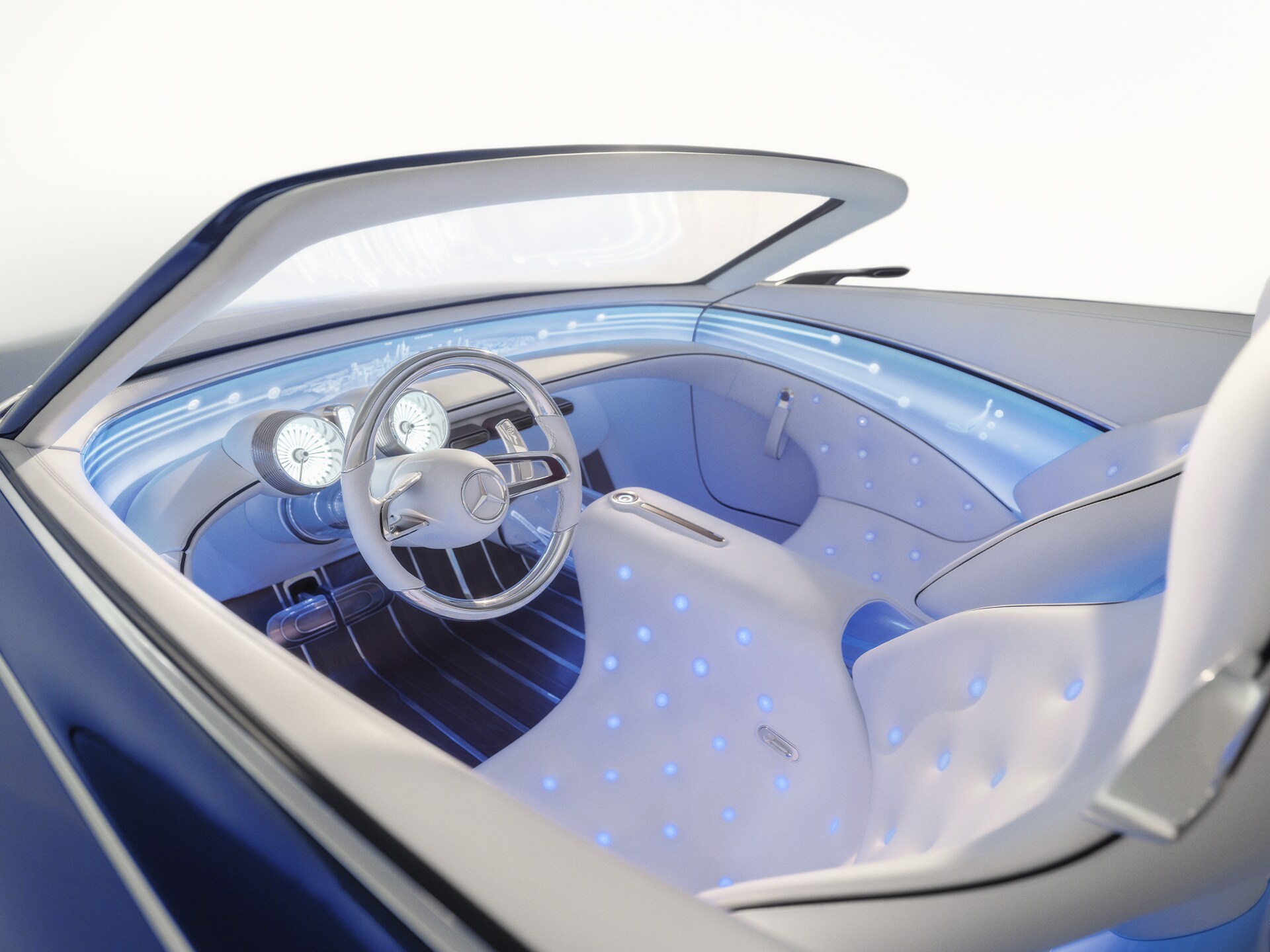 Viitorul | Marcă emblematică | Mercedes-Maybach Interiorul unui autovehicul Mercedes-Maybach într-o viziune de viitor.