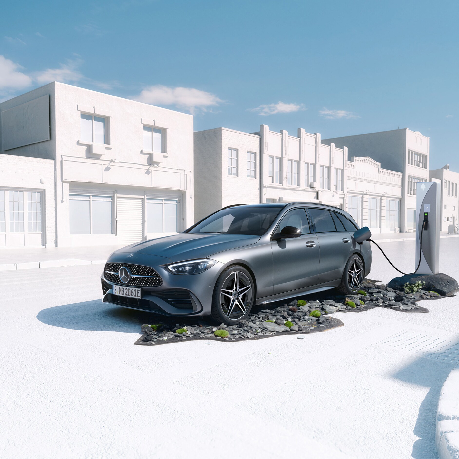 Mercedes-Benz | Pământ Apă Aer | Modele plug-in hybrid Perspectivă lateral-frontală Mercedes-Benz Clasa C 300 e model T